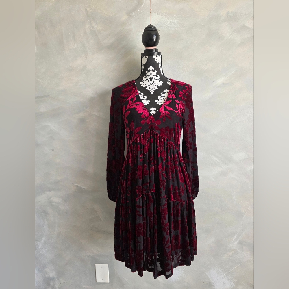 Taylor Velvet Burnout Long Sleeve Dress Burgundy Black Velour Velvet Sheer Sz 8